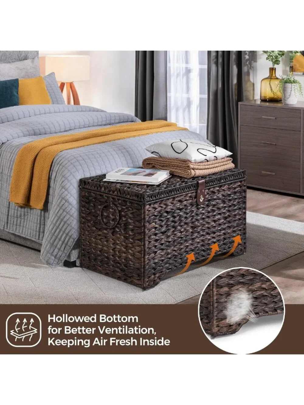 Large Handwoven Wicker Storage Basket with Lid - 165L Decorative Trunk